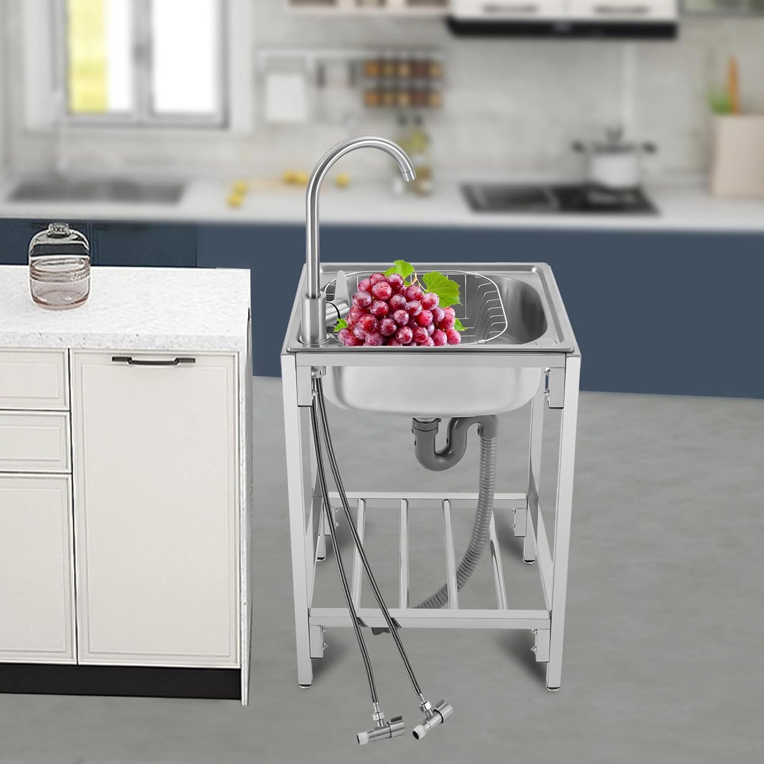 Stainless Steel Utility Sink, Freestanding Single Bowl Kitchen Sink, 1 Compartment Small Utility Sink with Hot Cold Faucet and Storage Shelf for Restaurant (19.6 * 15.7 * 29.5in)