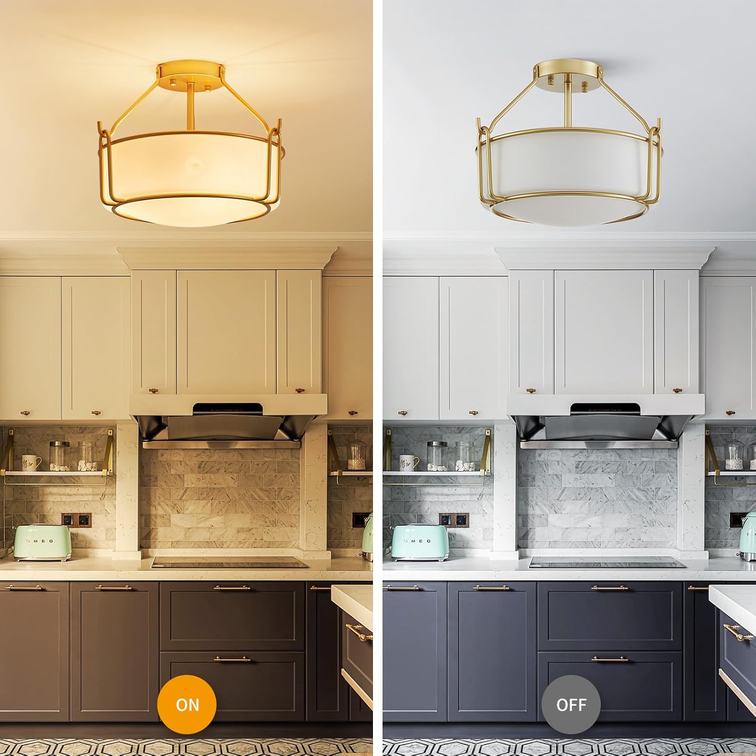 WUZUPS Chandelier 3-Light Semi-Flush Mount Ceiling Light Frosted White Glass Shade Modern Lighting Fixture for Diningroom Hallway Kitchen Bathroom, H 10" x W 14.8", E12 Base, Gold