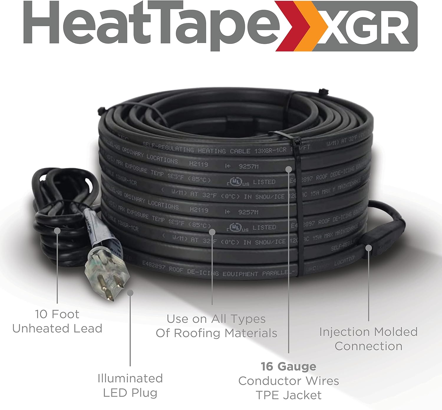 Radiant Solutions Company Heat Tape Pro - Self-Regulating Heat Cable - Long Term Ice Dam, Roofing, Gutter & Pipe Freeze Protection - (62 Ft) cable + 10 Ft Power Cord, 120V, 6 watts/FT