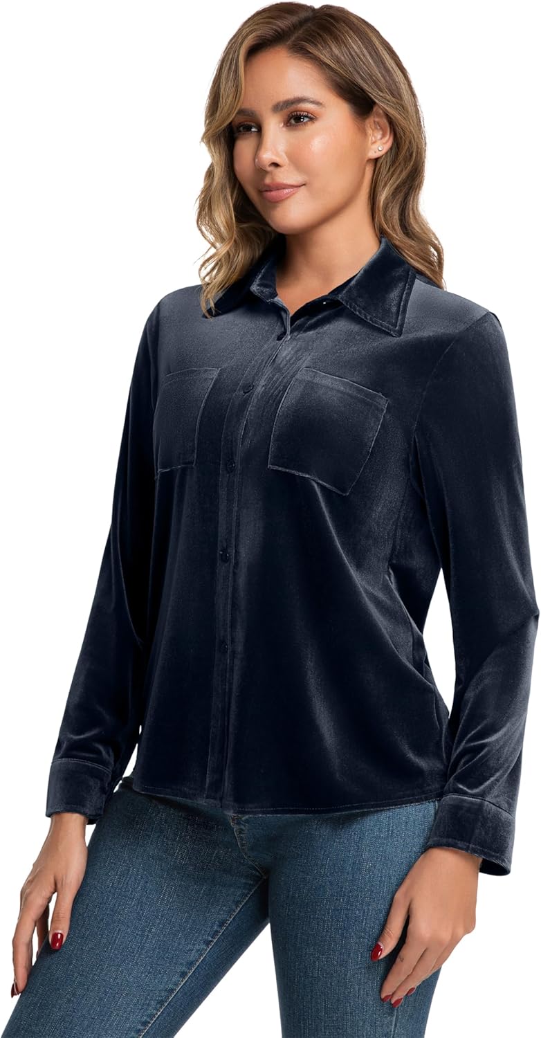 Womens Velvet Tops Casual Vintage Long Sleeve Lapel Neck Button Down Shirts Trendy Clothes 2025 - Image 2