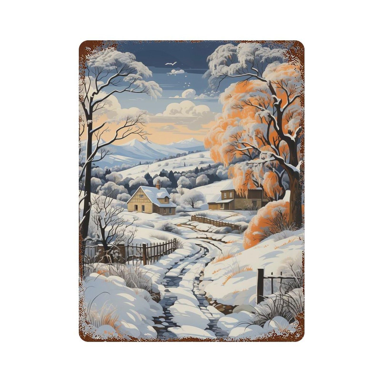 Rusty Metal Tin Sign with Fauvist Snow Symphony Design 15.7"x11.8", for Farmhouse, Kitchen And Entryway Decor, Rustic Home Decor
