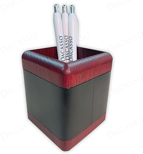 Dacasso Portavasos para lápicesbolígrafos de cuero negro y palisandro caoba para escritorio, decoración ejecutiva de lujo y organización de oficina