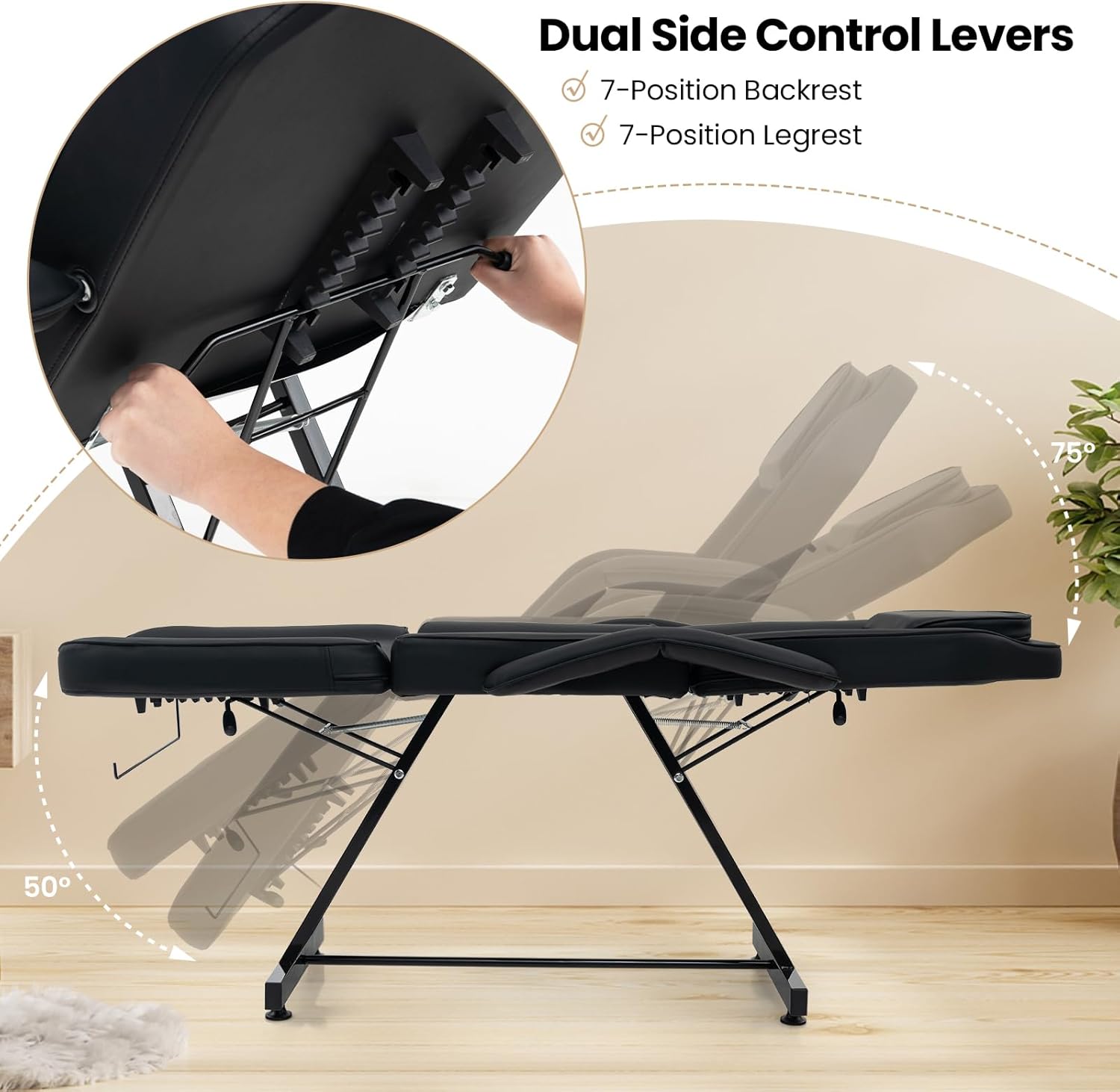 Giantex 73" Facial Chair with Hydraulic Stool, Tattoo Chair with with Adjustable Backrest & Legrest, Removable Headrest, Detachable Armrests & Towel Rack, 3-Section Massage Esthetician Chair (Black)