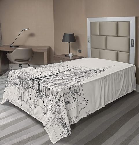 Miniatura 3 de Ambesonne Paris Flat Sheet, People Passing by St-Germain-des-Pres Area Medieval Europe Parisian Winter, Soft Comfortable Top Sheet Decorative
