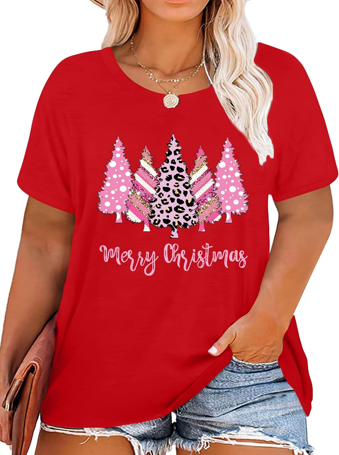 Plus-Size Christmas Shirts Women Merry Christmas Leopard Plaid Tree Print Shirt Holiday Tops Xmas Tee