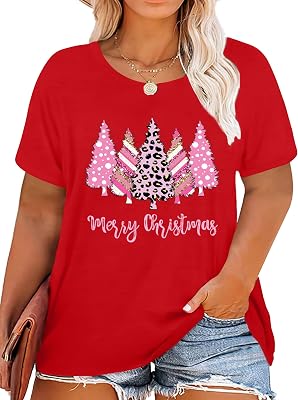 Plus-Size Christmas Shirts Women Merry Christmas Leopard Plaid Tree Print Shirt Holiday Tops Xmas Tee