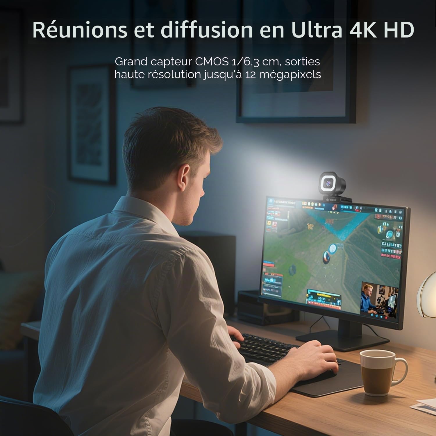 TOALLIN Webcam 4K avec Anneau Lumineux, télécommande, Autofocus PDAF, 12 Millions de Pixels, Double Micro intégré, Zoom numérique 5X, Webcam pour Diffusion en Direct et appels vidéo
