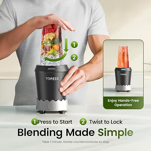 Miniatura 5 de TOPZEE Licuadora personal para batidos, 1000 W, batido de una sola porción con tazas de viaje portátiles de 24 onzas, ideal para batidos de