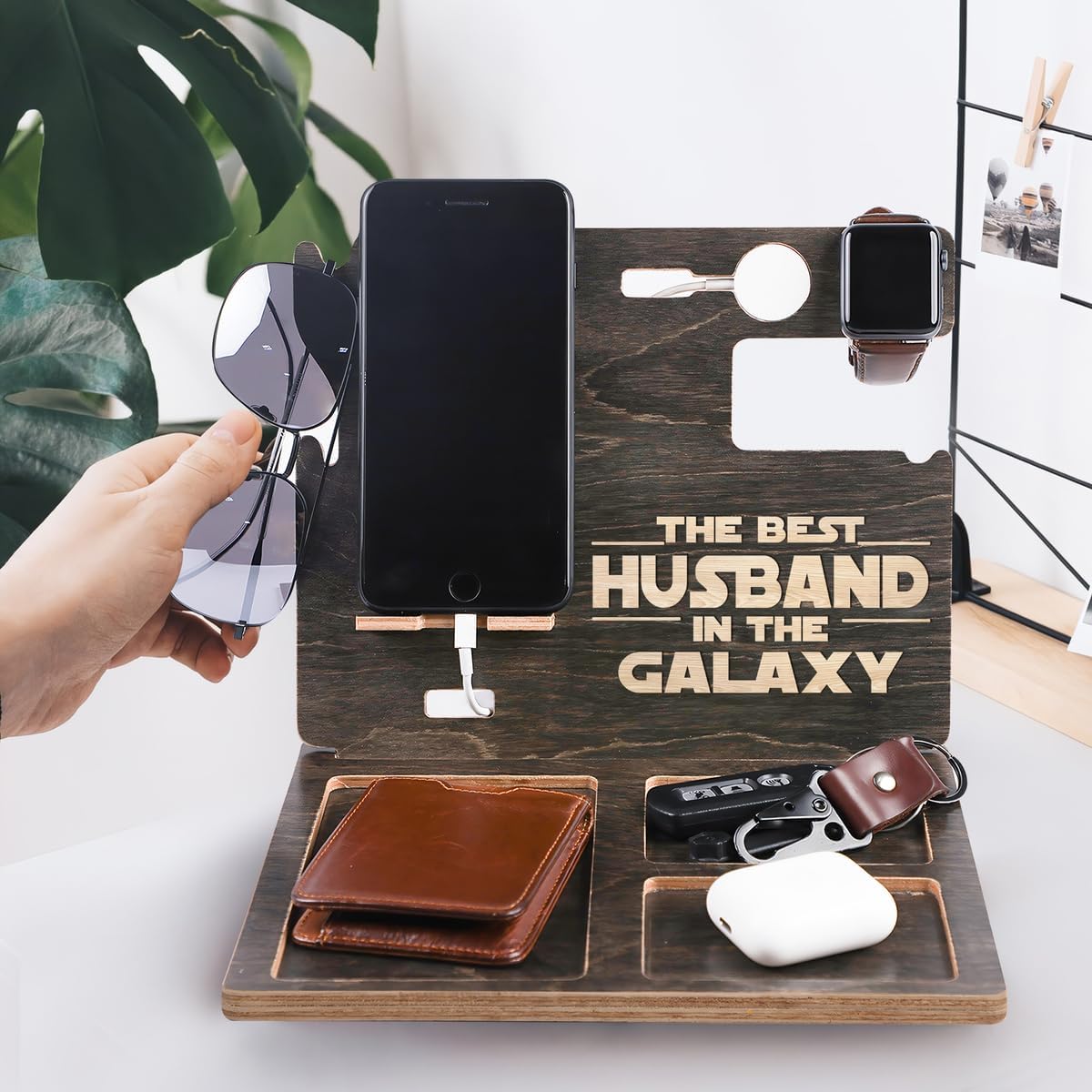 Wood Phone Docking Station for Men, Desk or Nightstand Organizer, Fathers Day - Birthday for Husband - Dad - Daddy (Husband)