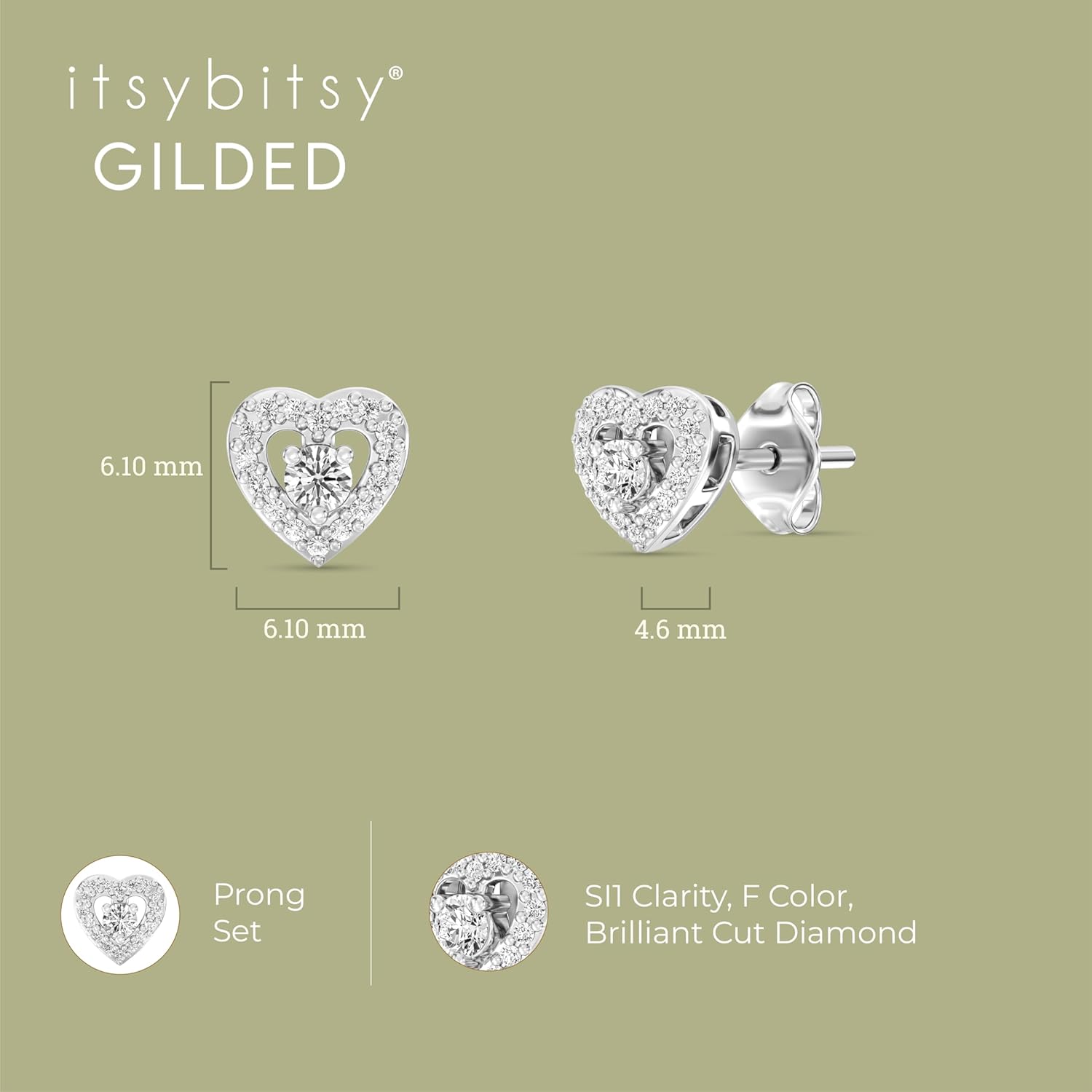 Itsy Bitsy by Gilded Sterling Silver Diamond Stud Earrings, 1/6 CTTW, SI1 F-Color Lab Grown Diamonds, Push Back