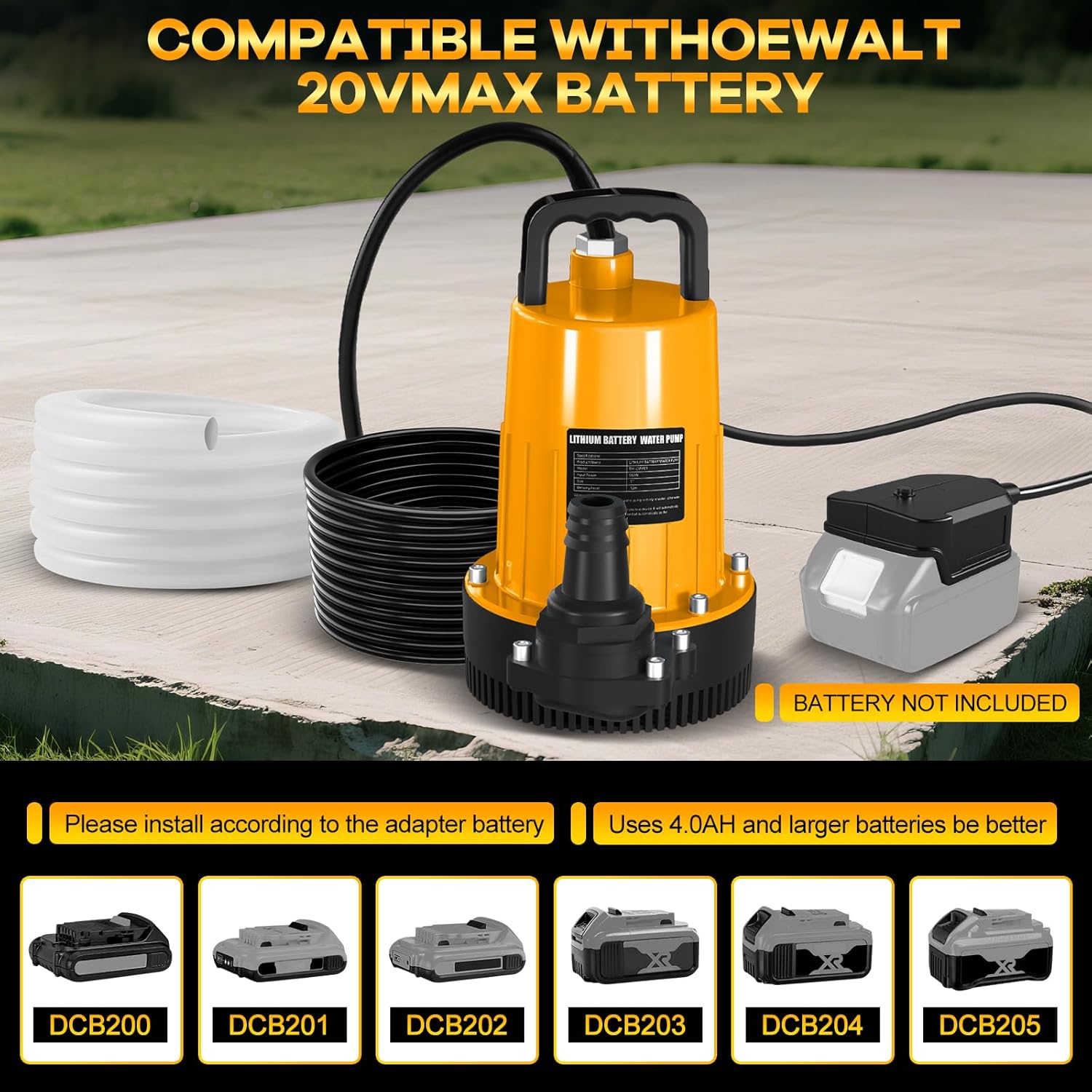 3/4 HP Cordless Water Pump for Dewalt 20V Battery(No Battery), 750 GPH Submersible Sump Pump with Check Valve Adapter & 17ft Power Cord, 33ft Outlet Pipe, Water Removal for Pool, Hot Tubs, Rooftops