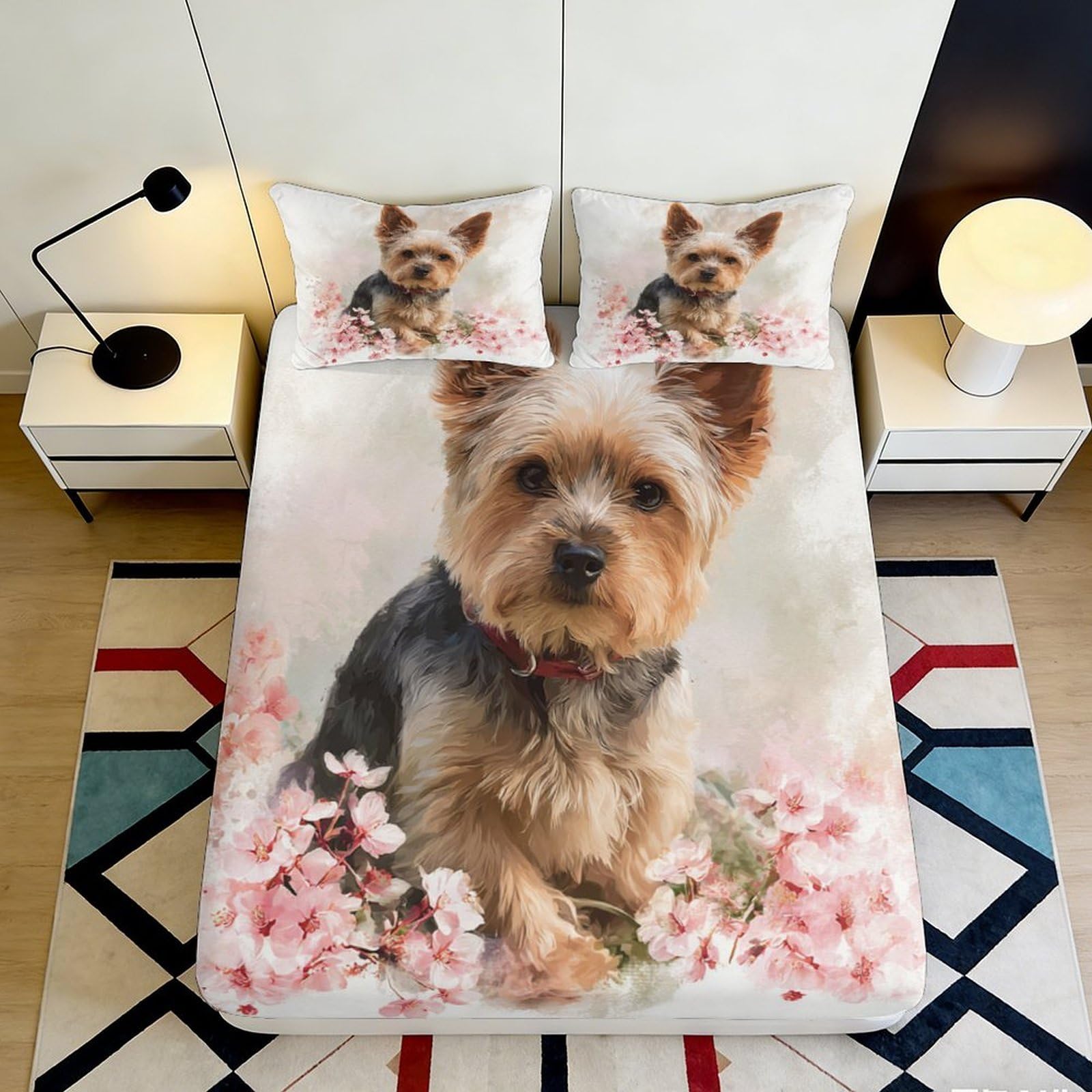 Dhbaneiok Style-6 3D Printed Yorkshire Terrier Fitted Sheet Microfiber Soft Floral Dog Bed Cover For Bedroom Guest Room Decor Protection 90X200x25cm