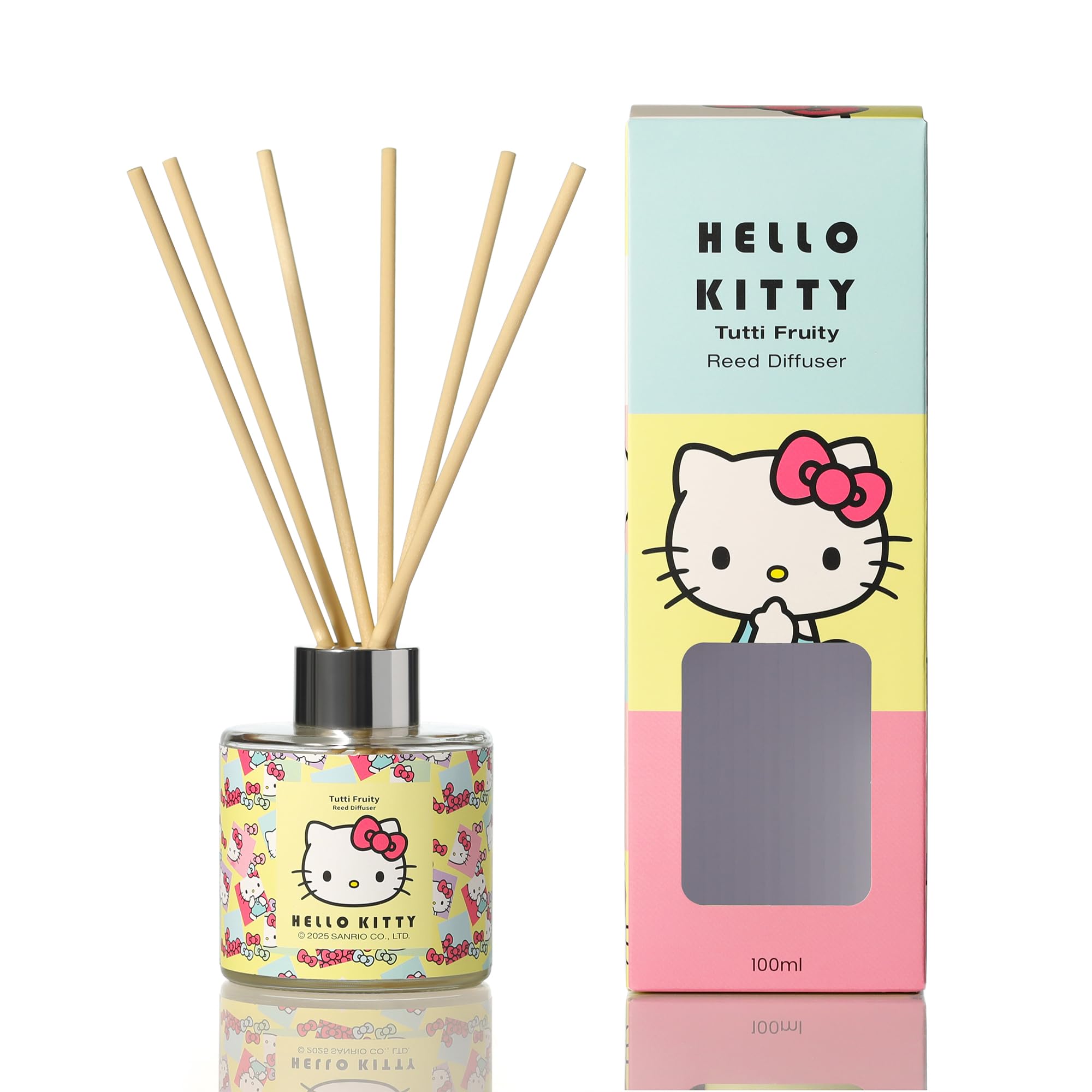 Hello Kitty Tutti Fruity Reed Diffuser – 100ml Fragrance Oil with Reeds, Sweet Fruity Scent, Repeat Hello Kitty Print Bottle, Home Fragrance for Everyday Use