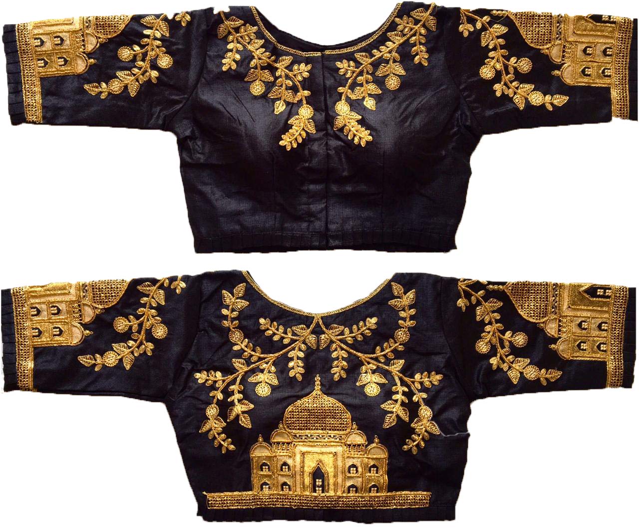 Pujia Mills Women's Multicolor Heavy Hand Embroidery Taj Mahal Design Work Khatli Work Phantom Silk Readymade Saree Half Sleeve Blouse (Mum Taj Blouse_ Black 38)