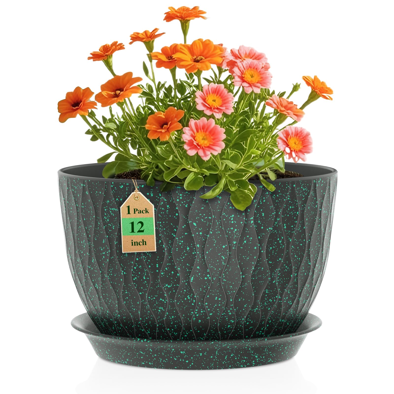 WSMKSZ 12 Inch Wide Water Ripples Flower Pots for Indoor or Outdoor Plants, Large Plant Pots with Drainage Holes & Saucer, Plastic Planters Set for Garden & Home Decor (Black with Green Speckles)