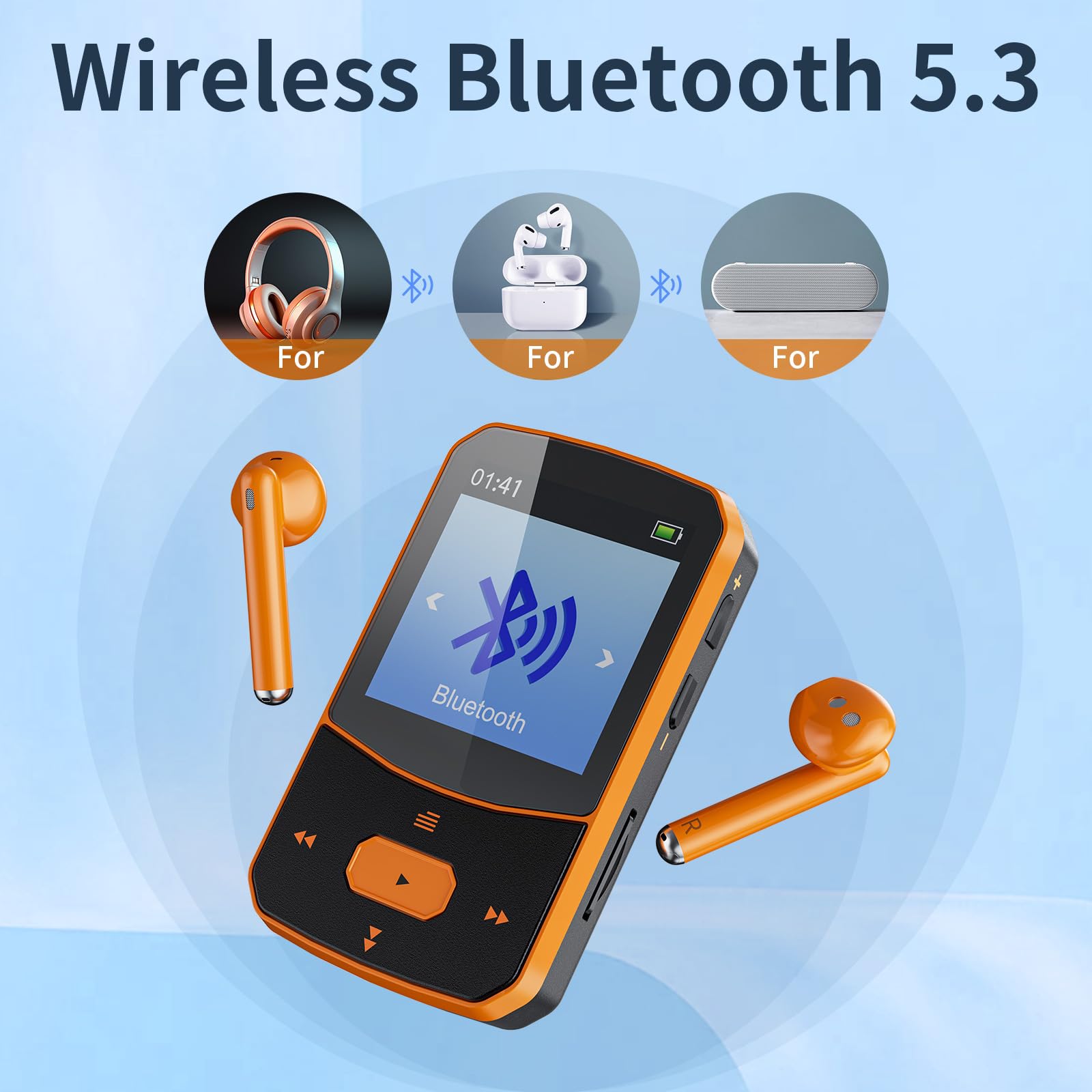 64Go Lecteur MP3 Bluetooth 5.3 Sport Mini-Design avec Clip, portabal baladeur mp3 avec Bouton de Volume indépendant,écran Couleur TFT 1,5 Pouces, Radio FM, podomètre, supporte jusqu'à 128Go Carte SD