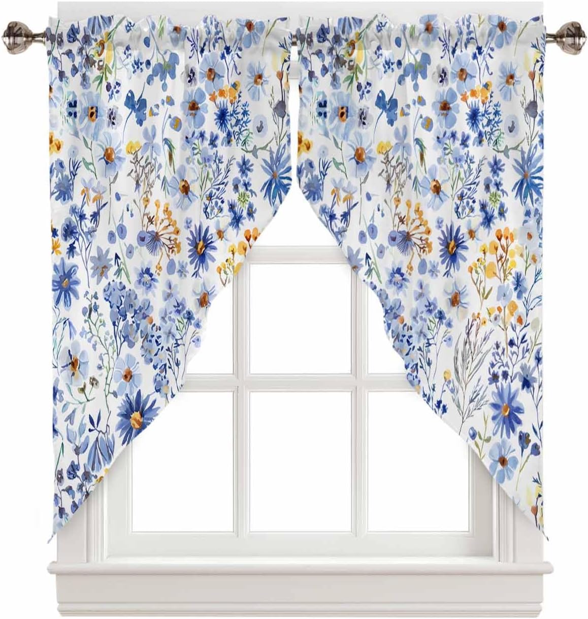 Plants Swag Valance Curtains, Farmhouse Blue Yellow Wild Flowers Rod Pocket Kitchen Valance Scalloped Swag Curtains for Living Room Bathroom Window, 36" W x 36" L