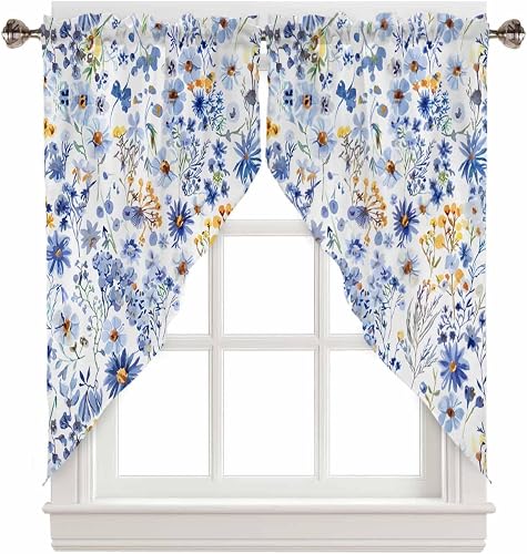 Victoroes Plants Swag Valance Curtains, Farmhouse Blue Yellow Wild Flowers Rod P