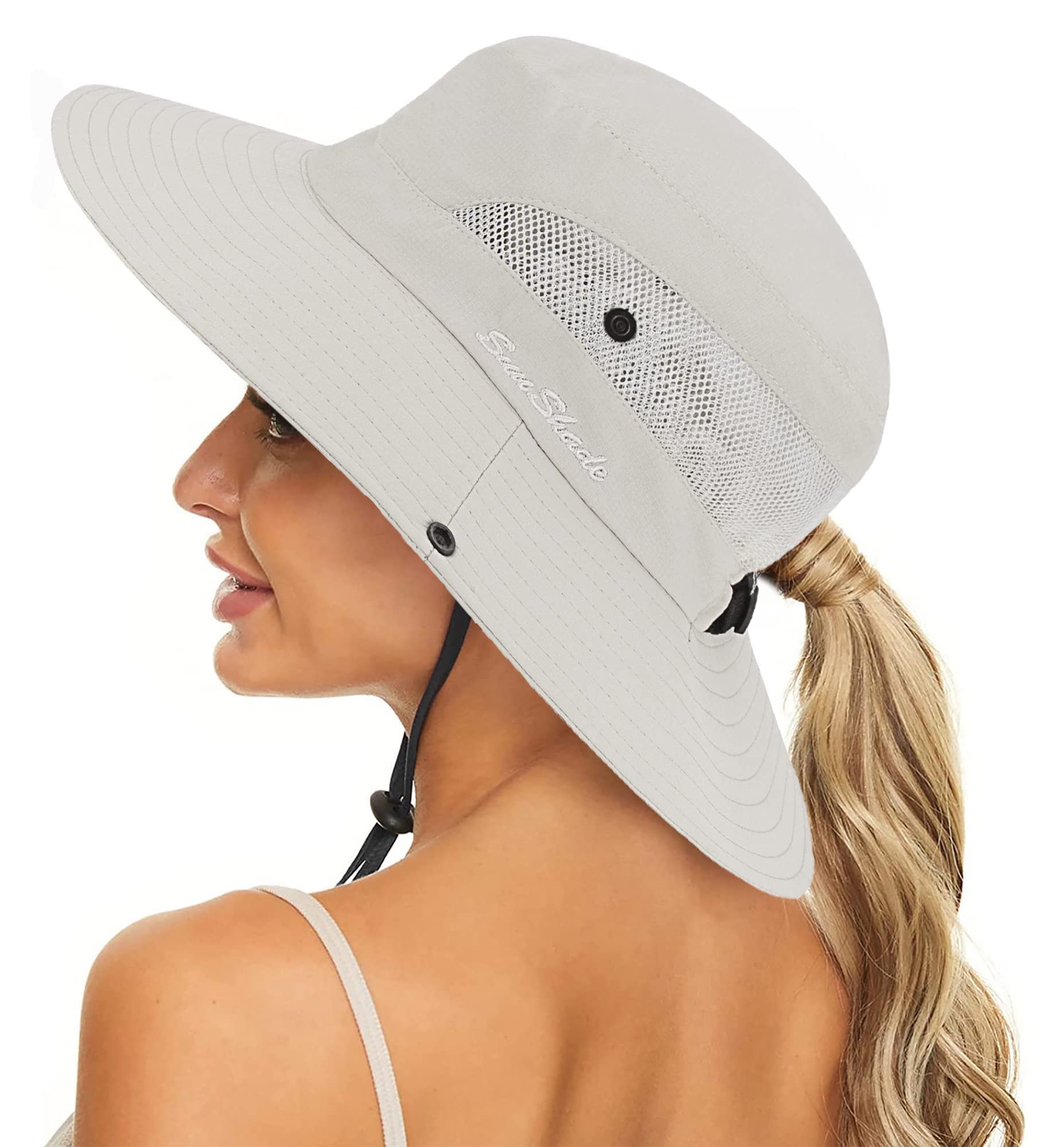 INOGIH Sombrero de Sol Mujer de Tesa Amplia - Protección UV Sombreros Pescador Cubo Senderismo Al Aire Libre Sombrero con Agujero de Cola de Caballo