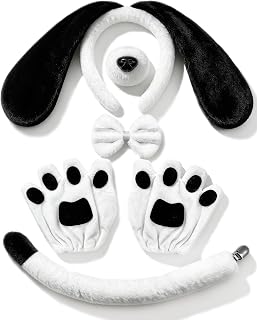Dog Long Ears Headband - 5PCS Dog Ears Headband Paw Gloves Nose Bowtie Tail for Halloween Puppy Costume Adult Women Fluffy Floppy Animal Cosplay Party Accessories Set (Black and White)