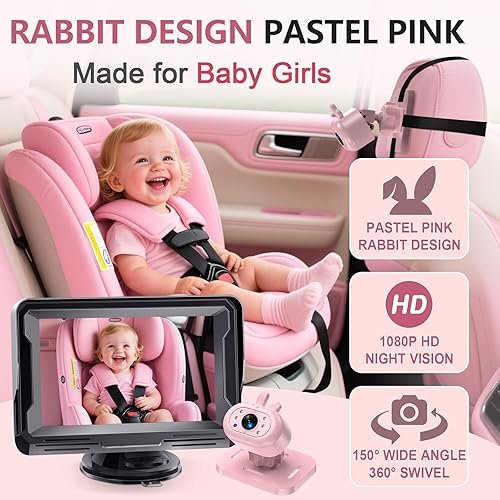 Miniatura 2 de AMTIFO Cámara de coche de bebé rosa para asiento trasero Cámara de asiento de coche con orientación trasera HD 1080P con visión nocturna IR,