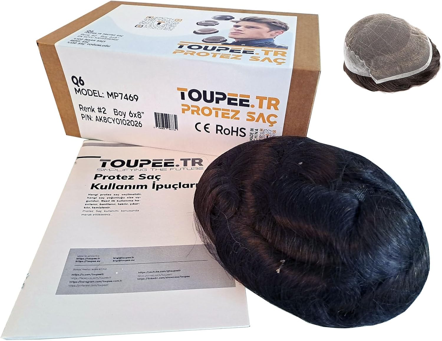 MP7469 Q6 Protez Saç, Erkekler için Protez Saç, Toupee for Men, Doğal dalgalı insan saçı, REMY Saç,%130 saç yoğunluklu, Saç Değiştirme Sistemi, peruk, CE RoHS (#2 En Koyu Kahverengi, 6x8")