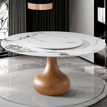 Montary 59 Modern Round Dining Table for 6-8 Seat, Artificial Marble Dining Room Table with Lazy Susan, Vase Shaped Walnut Wood Base, Sintered Stone Top Dining Table Only Table