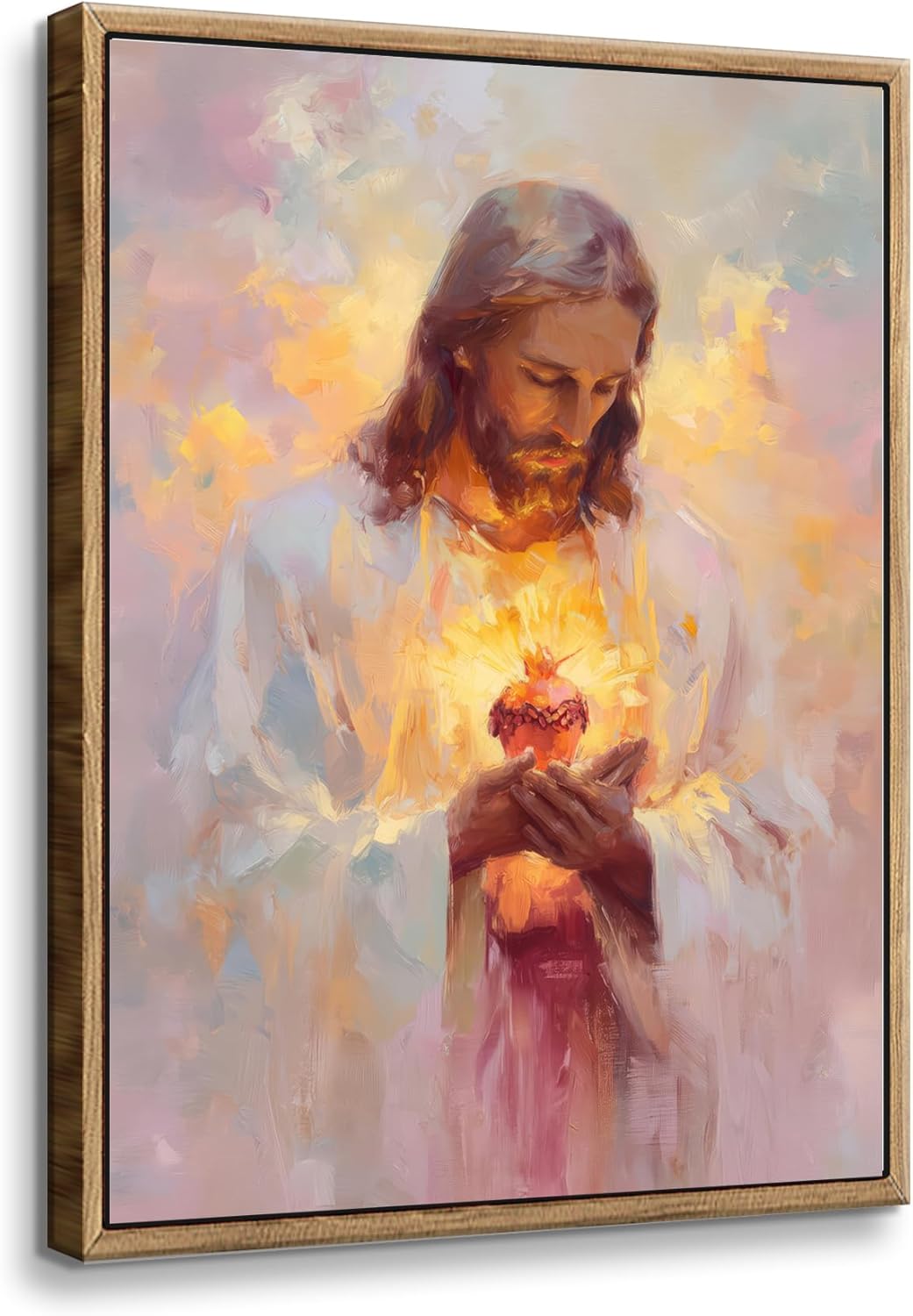 Framed Sacred Heart of Jesus Canvas Wall Art Jesus Portrait Catholic Picture Wall Decor Christian Religious Faith Poster Painting Prints for Prayer Room Living Room bedroom 16x24 in Canvas