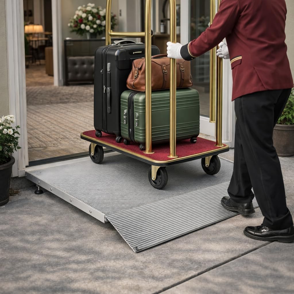 Aluminum Adjustable Threshold Ramp for Wheelchairs, 36" x 36" Doorway Ramp with 3.4"–7.2" Rise, Self-Supporting Entry Ramp for Uneven Surfaces, 880 lb Capacity with Non-Slip Mat
