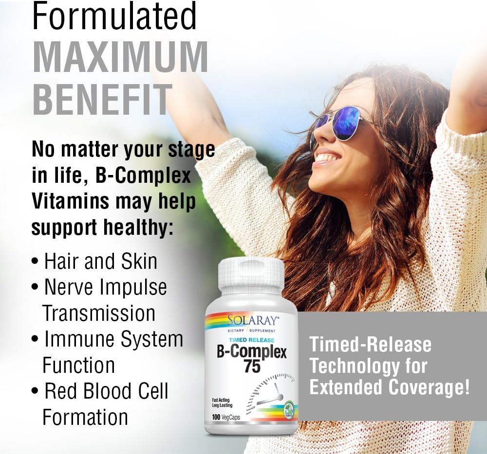 SOLARAY Vitamin B-Complex 75mg | Two-Stage Timed-Release for Extended Availability | Support for Hair, Skin, Nails, Nerves, Immune Function | 100 CT