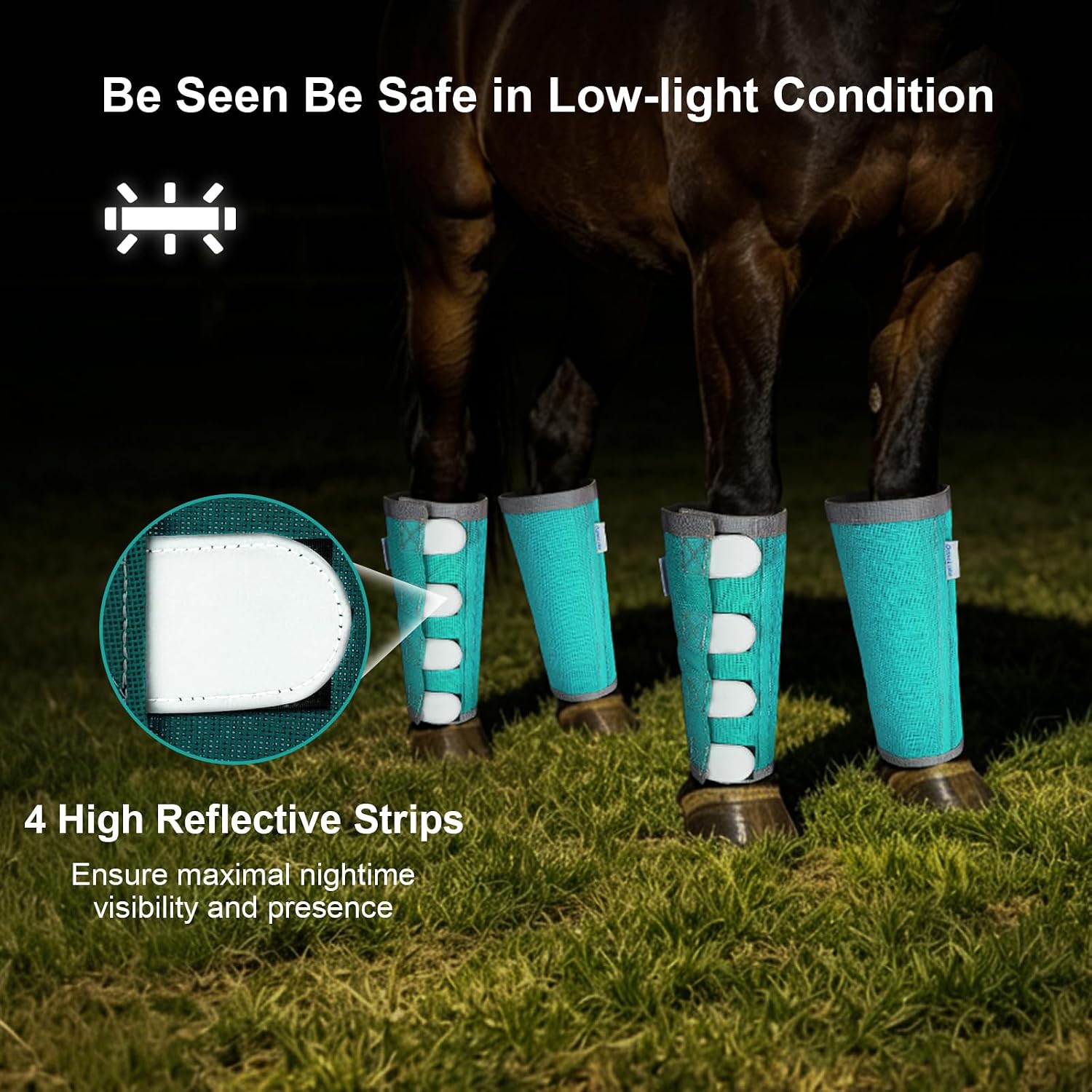 Reflective Horse Fly Boots Set of 4, Loose Fitting Leggings for Horses, Equine Fly Leg Wraps Socks for 4 Legs, Breathable Adjustable and Universal Fit, Reliable Stay Put and on (Mint)