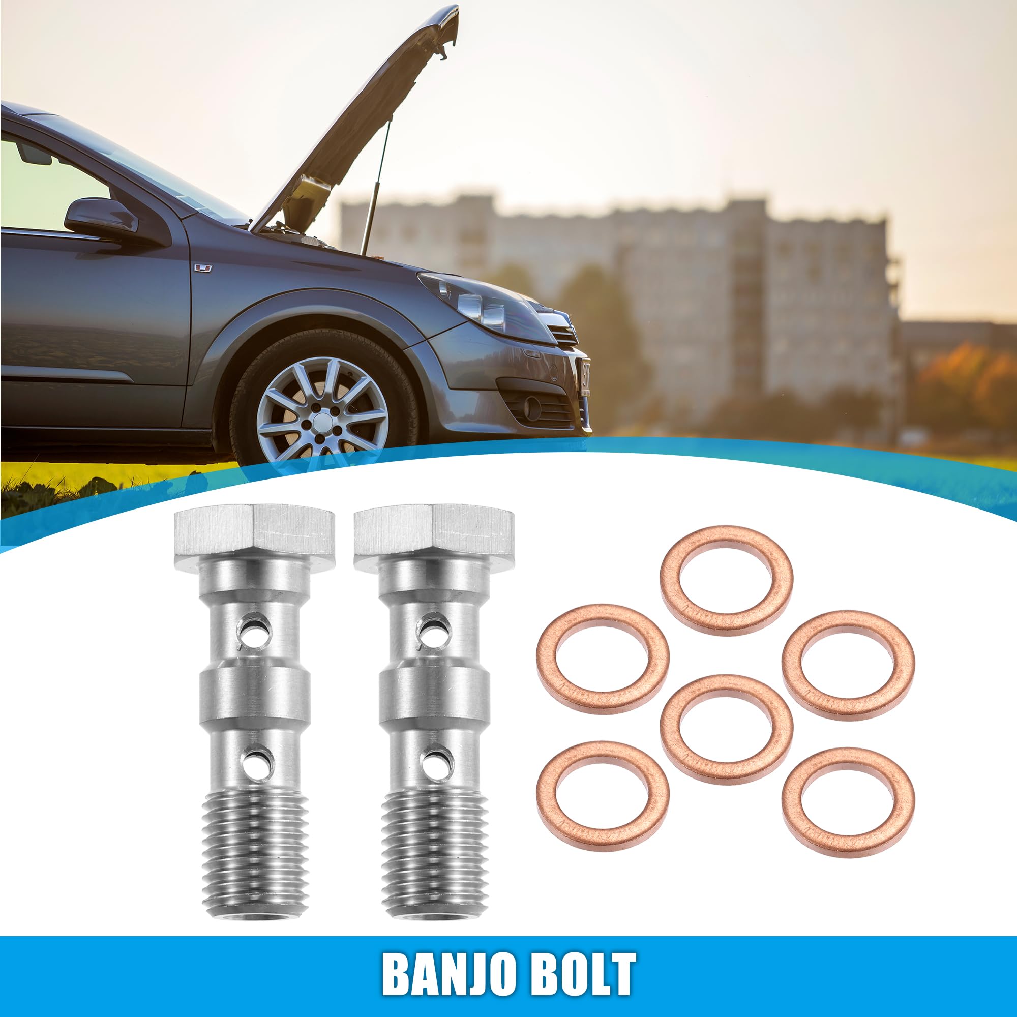 X AUTOHAUX Lot de 2 boulons de banjo en acier inoxydable AN3 filetage 3/8-24 avec rondelles en cuivre Double boulon banjo Longueur 31 mm