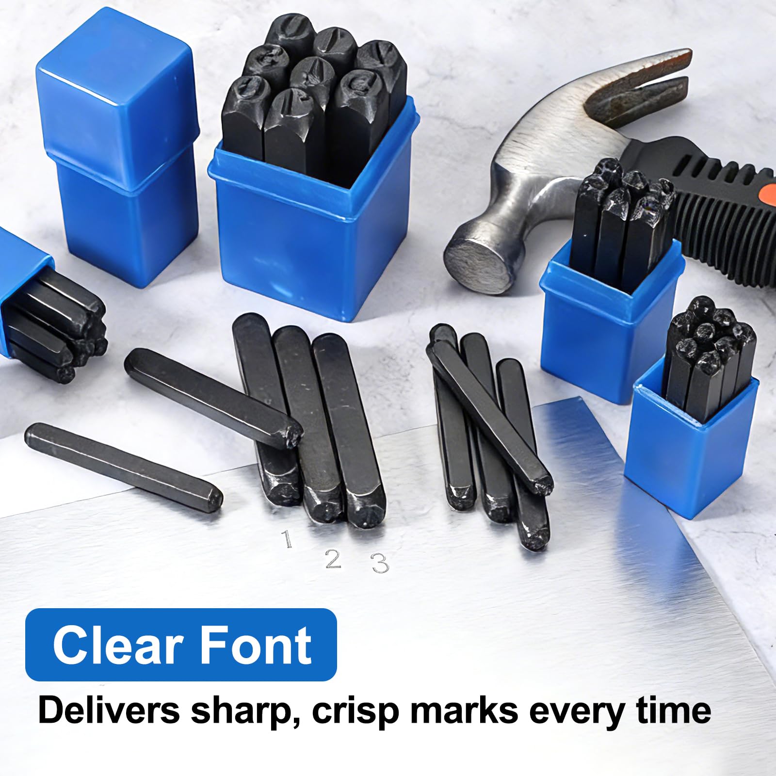 QUARKZMAN Set Di Timbri Numerici In Metallo 9 Pezzi 15/32" (12mm) Kit Per Marcatura Numerica 40Cr Set Di Utensili Per Marcatura A Mano Con Custodia Blu Creazione Gioielli Artigianato