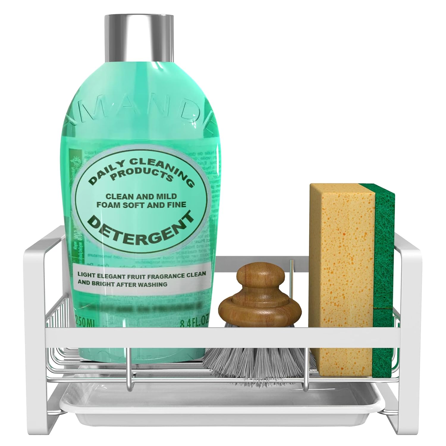 VANTEN Kitchen Sink Caddy - Silver Sink Organizer Sponge Soap Dish Dispenser with Brush Holder Adhesive Countertop Mount