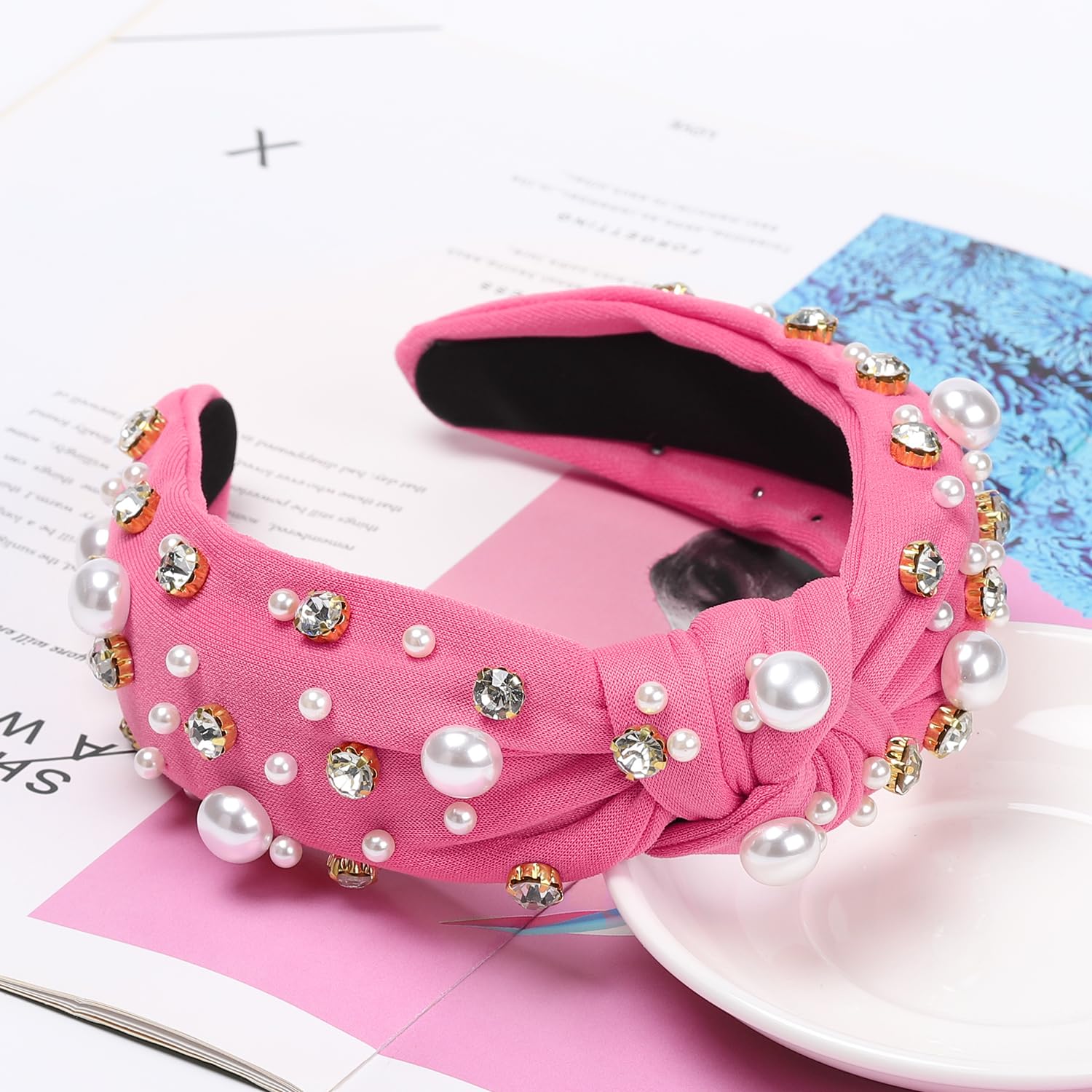 WantGor Pearl Knotted Headband, Women Rhinestone Embellished Hairband Elegant Wide Top Knot Bride Headbands Headpieces Party Fashion Elegant Ladies Hair Band Hair Hoop Accessories (Hot Pink) - Image 3