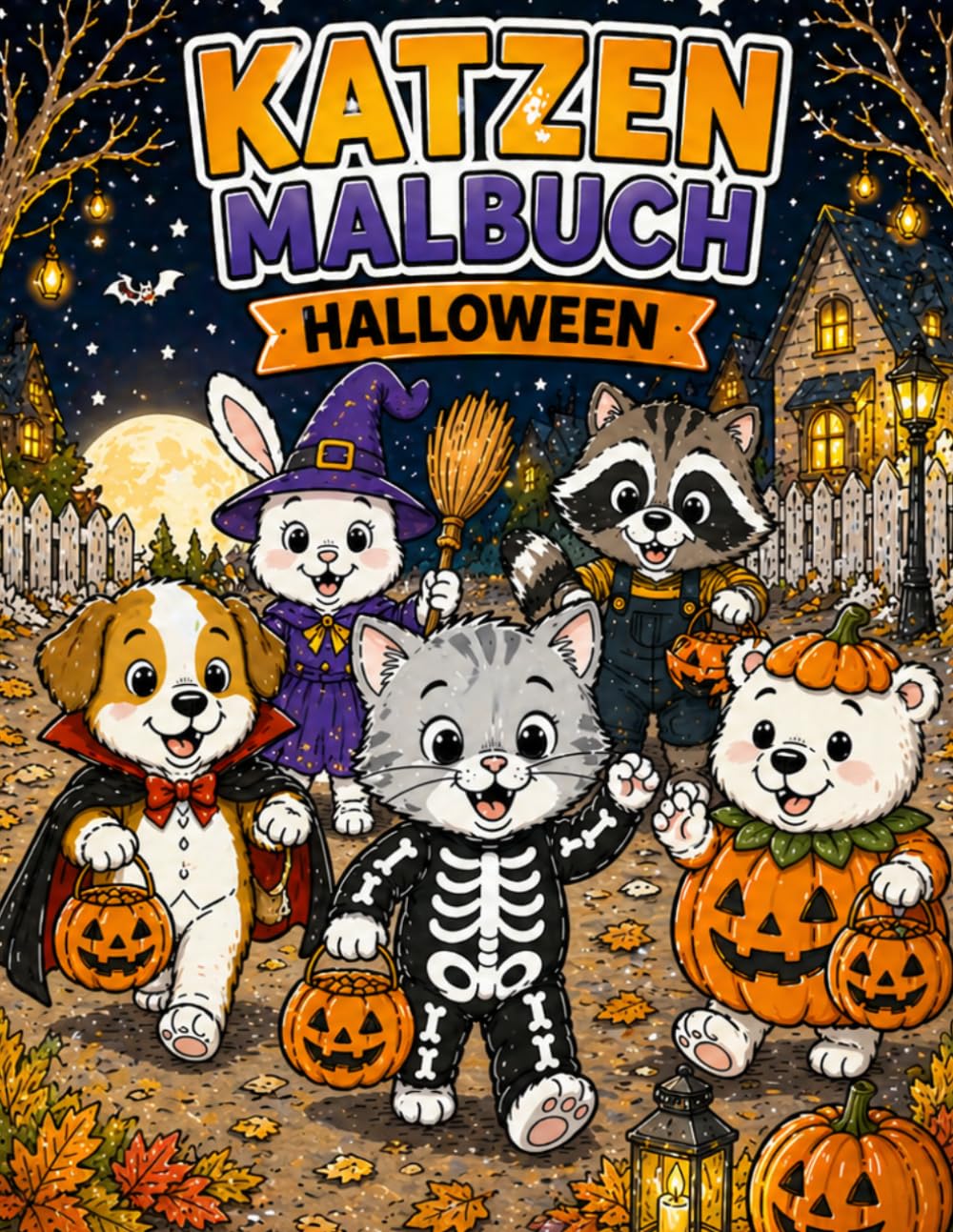 Katzen Malbuch Halloween: Süße Halloween Motive für Kinder ab 6 Jahren – mit Katzen, Freunden, Kürbissen und lustigen Szenen