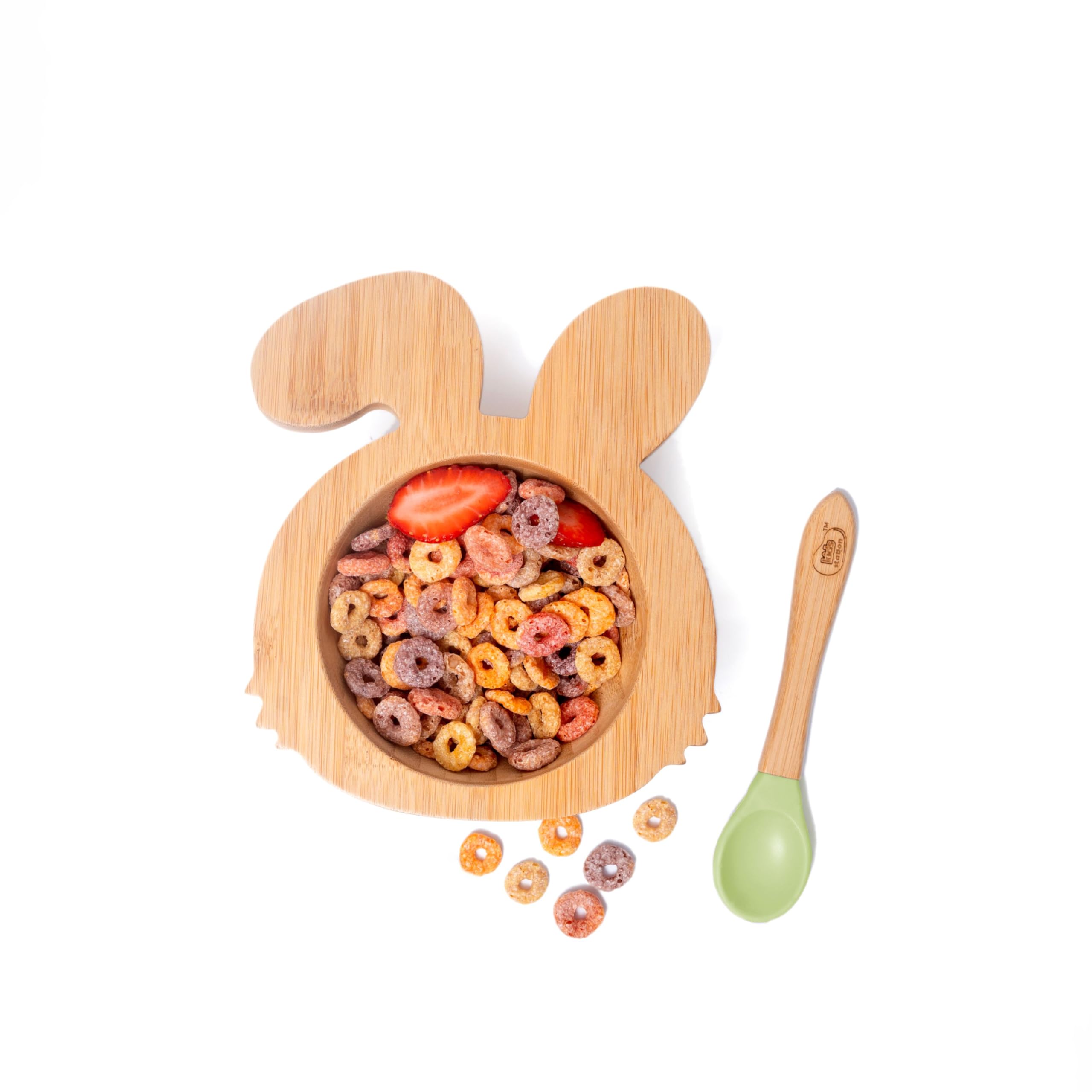 Kids Station 4 Piece Bamboo Feeding Set for Babies - Rabbit Bowl, Suction Ring, Spoon and Fork - Eco Friendly - New Born Baby Utensils and Dishes Kids and Infant - Unbreakable Baby Feeding Set (Green)-image-18