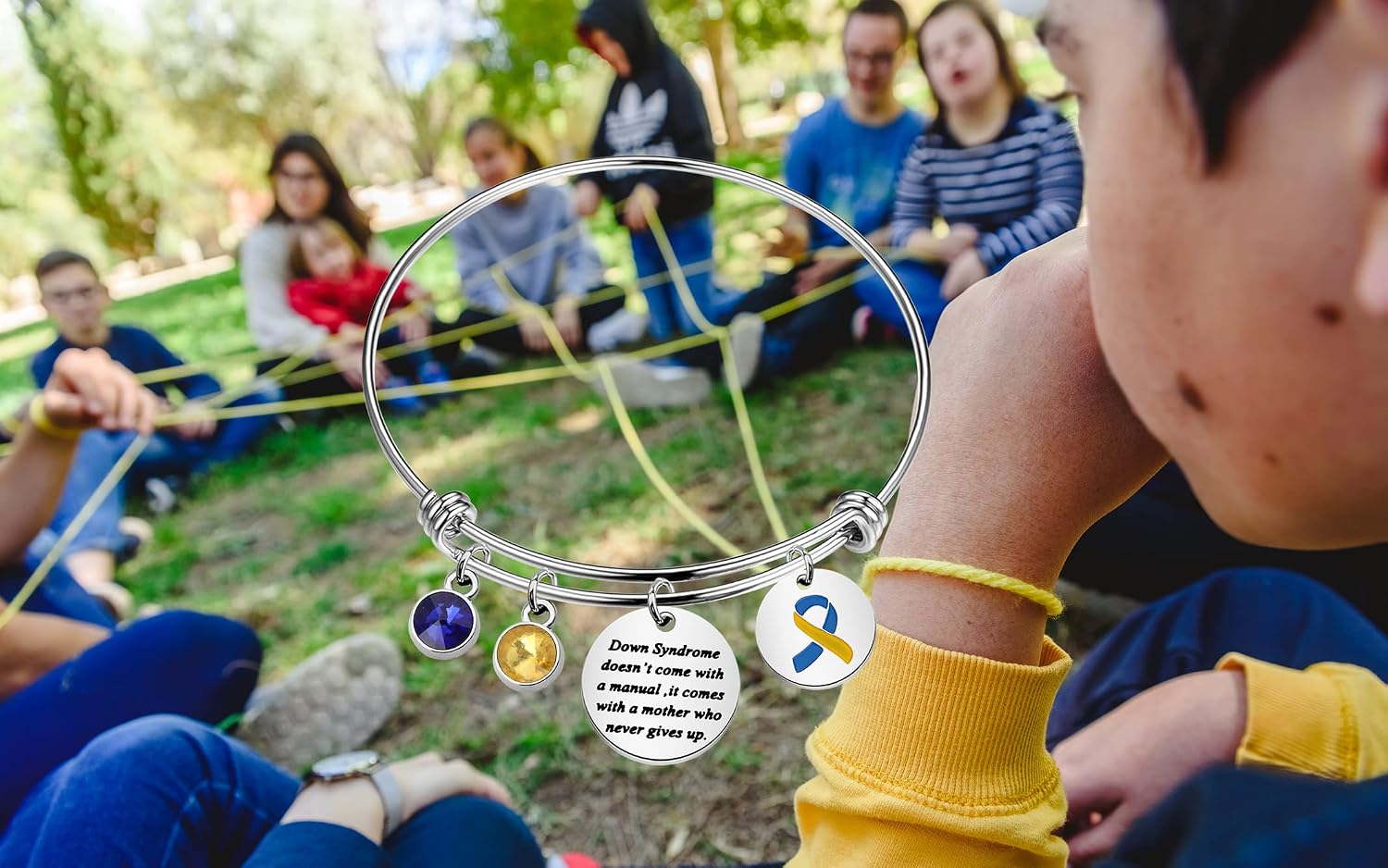 SEIRAA Down Syndrome Awareness Gift Trisomy 21 Mom Jewelry Down syndrome Mother Never Gives Up Yellow Blue Ribbon Bracelet