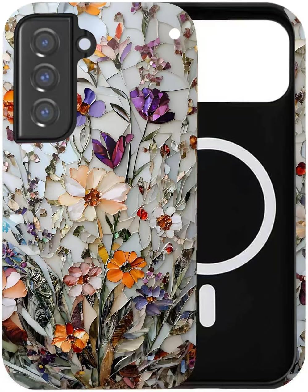 for Samsung Galaxy S25/24, Stained Glass Bloom Flower Dual-Layer Hard Shell+Silicone Cover-Shockproof Protective Phone Case for Women Girls