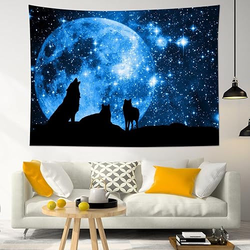 Miniatura 3 de HVEST Tapiz de lobo en la montaña para colgar en la pared, luna llena en cielo estrellado, tapices para dormitorio de niños, sala de estar,