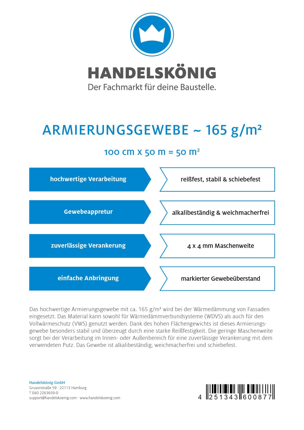 Handelskönig Armierungsgewebe 165 g/m² 100 cm x 50 m = 50 m² Fassade 4x4 Putzgewebe Glasfasergewebe Glasfaser Putz WDVS VWS