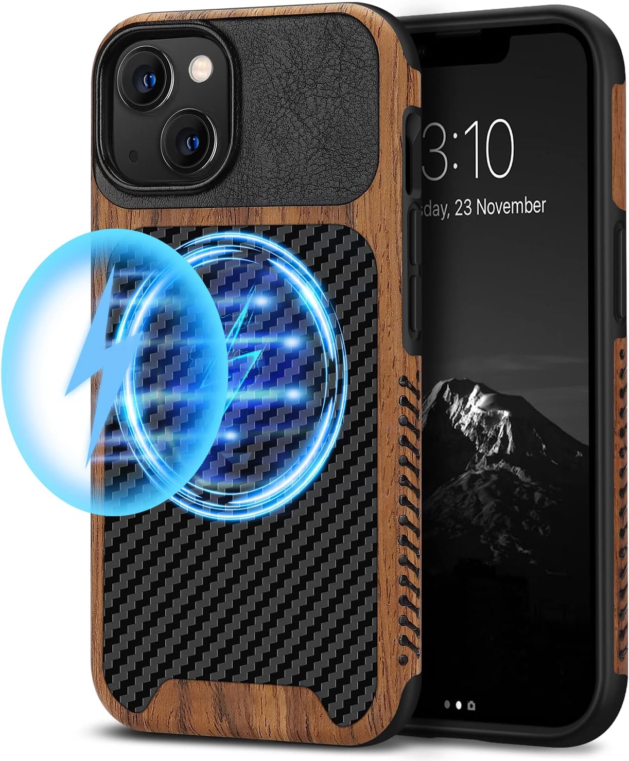 Compatible with iPhone 13 mini Case Wood Grain with Carbon Fiber Texture Design Leather Hybrid Slim Case (Compatible with MagSafe) Black
