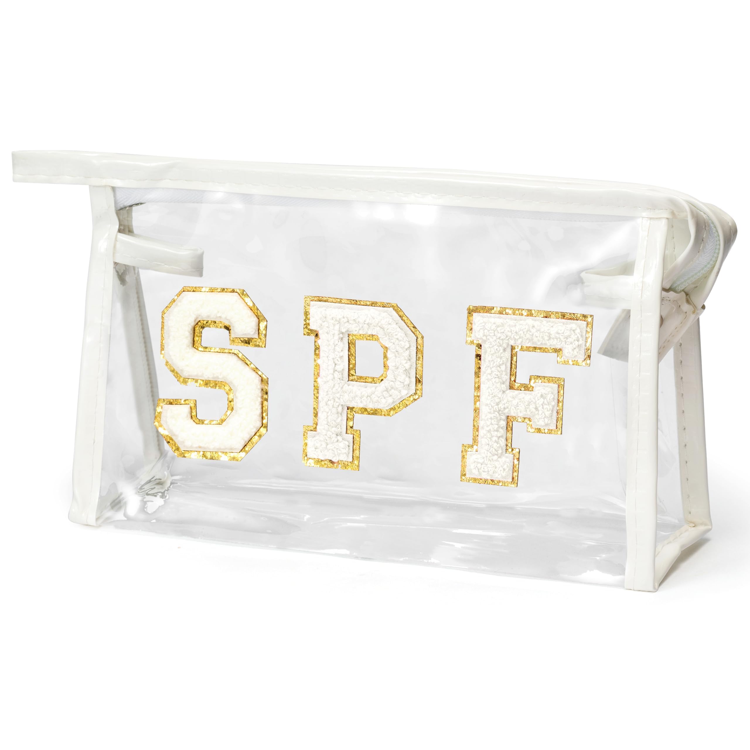AsodSway Preppy Patch SPF Cosmetic Bag, Summer SPF Varsity Letter Clear Toiletry Makeup Bag Waterproof PVC Cosmetic Case Multi-Function Zippered Pouch