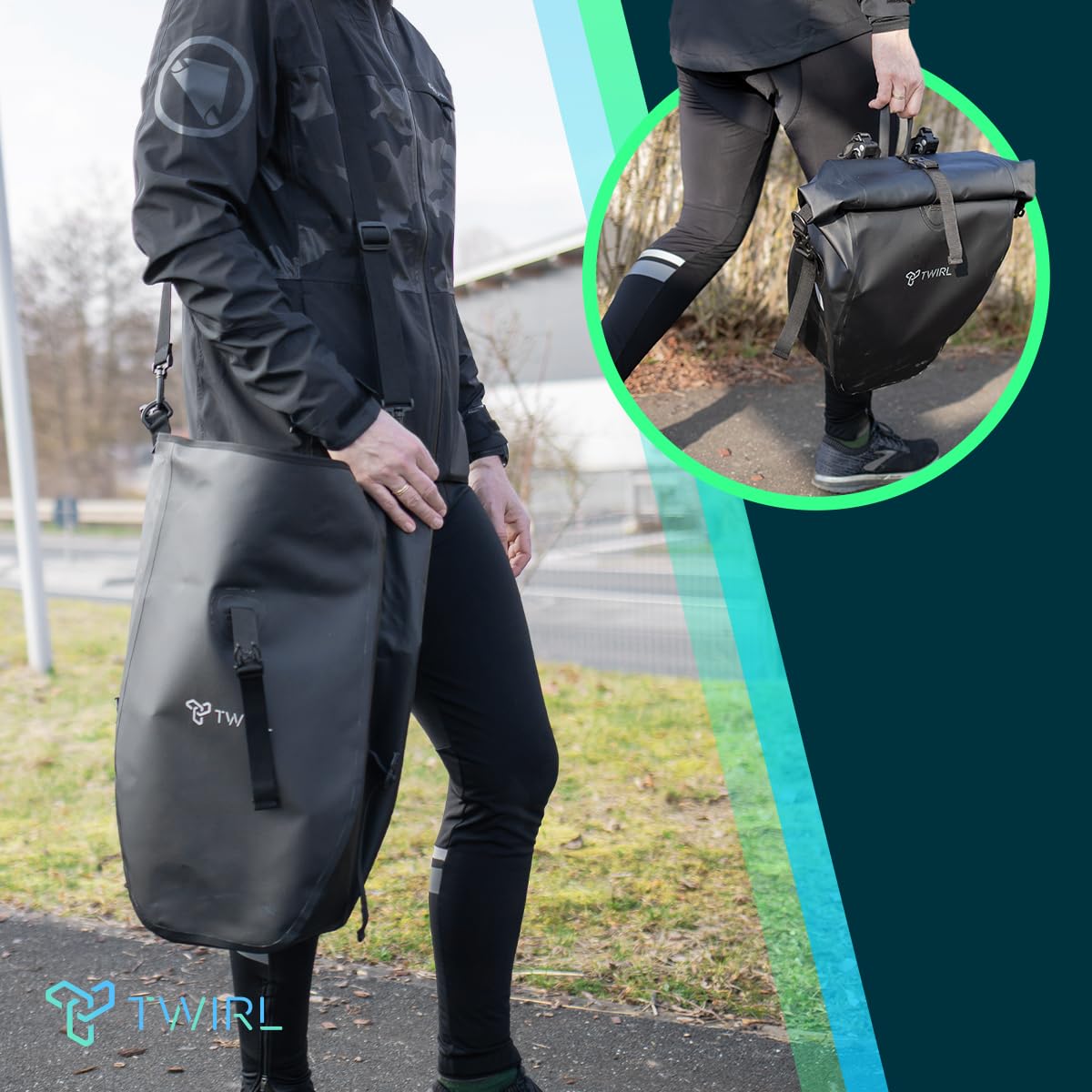 TWIRL Torba rowerowa na bagażnik SINGLE, 22 litry, z uchwytem, ​​paskiem na ramię i małą wyjmowaną kieszenią wewnętrzną, torba na bagażnik, tylna torba rowerowa, czarna