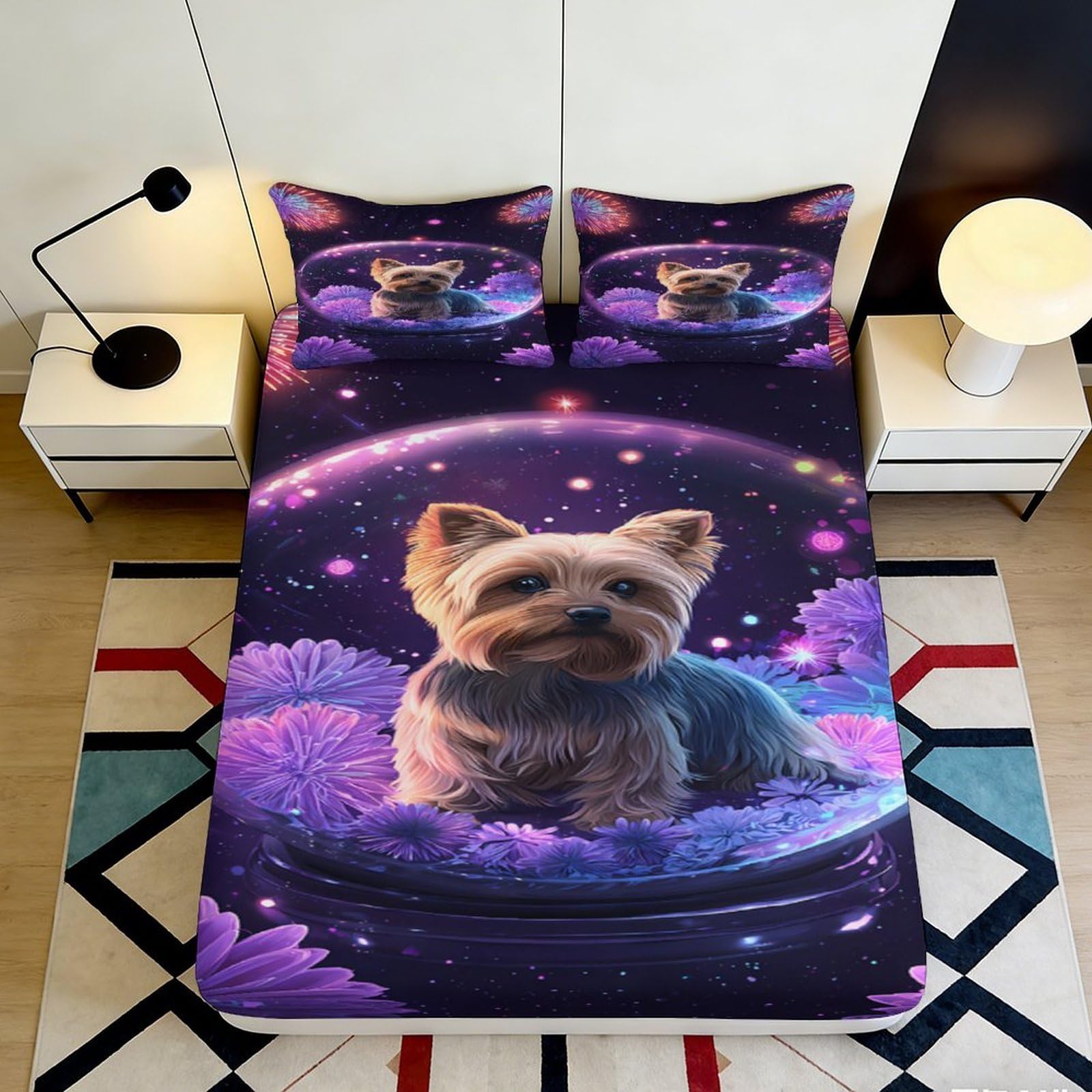 3D Printed Yorkshire Terrier Galaxy Fitted Sheet Microfiber Soft Purple Space Dog Bed Cover for Bedroom Dorm Mattress Decor, 120x200cm 180x200x25cm