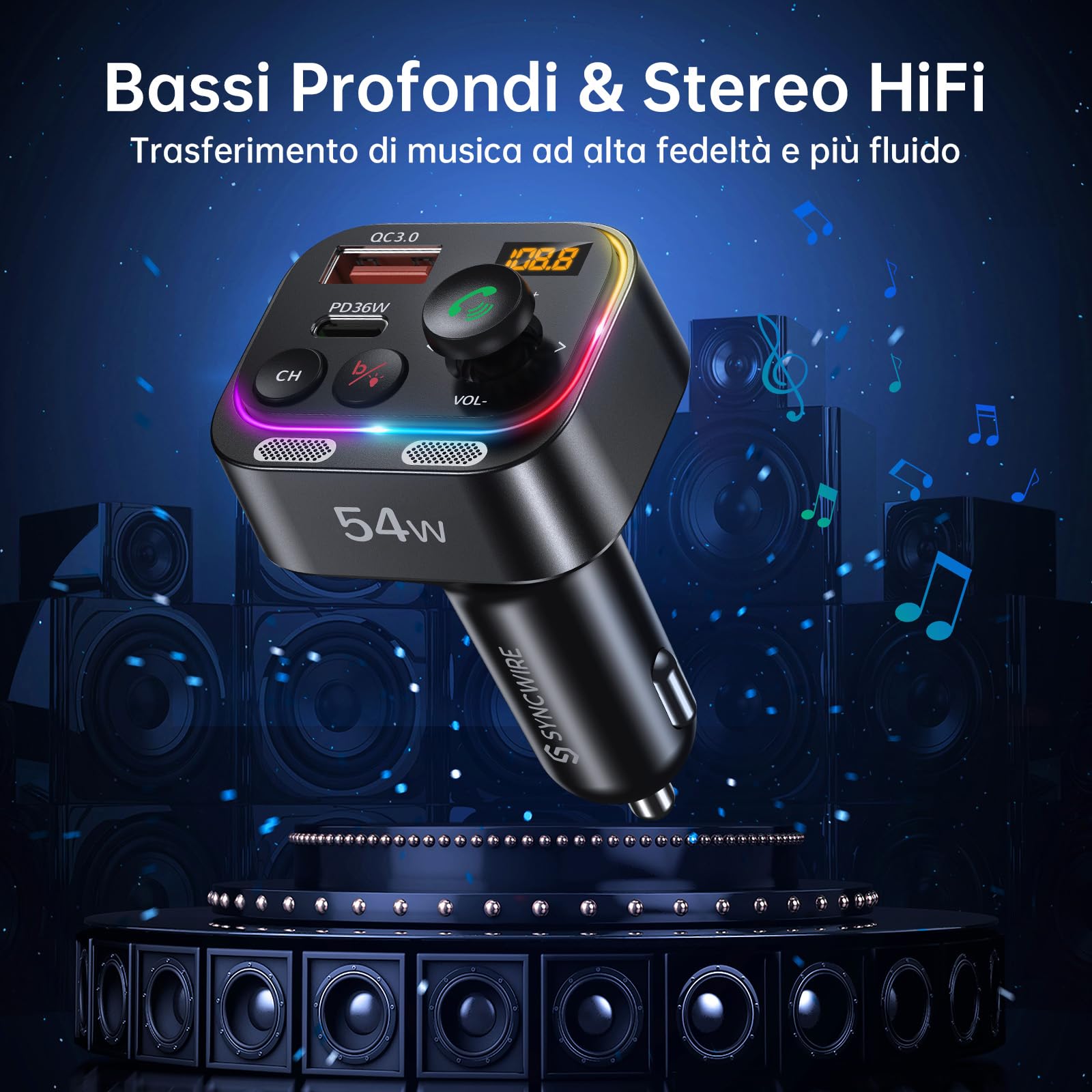 Syncwire Trasmettitore FM Bluetooth 5.4 54W PD&QC3.0 Caricatore per Auto USB C [Ricarica Veloce] [Microfoni Doppi & Suono dei Bassi HiFi] [Interruttore Luminoso] Ricevitore Radio Chiamate in Vivavoce