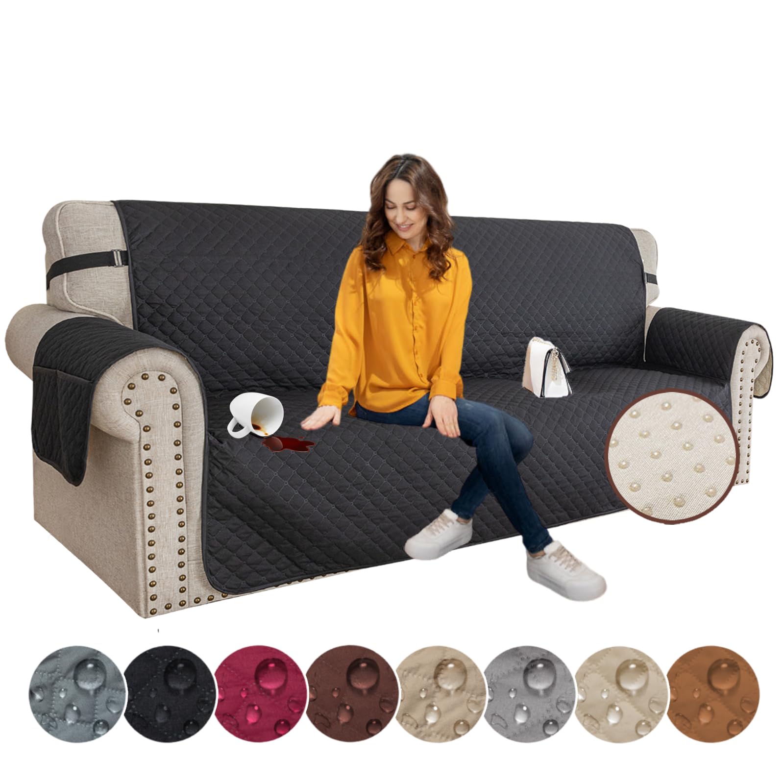 XINEAGE Quilted Sofa Covers 3 Seater, Water Resistant Couch Covers for 3 Seater, Non Slip Sofa Slipcoevrs for Dogs Pets, Reversible Sofa Protector with Elastic Strap Washable (Sofa, Black)
