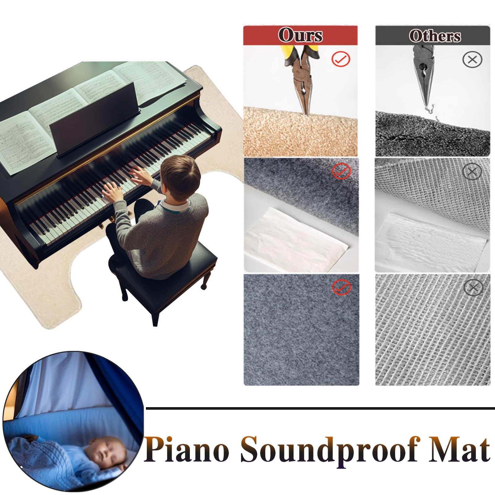 Tapis insonorisant pour Piano Tapis de Piano Droit Tapis de Sol antidérapant Couvertures Insonorisantes Tapis Absorbant Le Son pour décoration d'intérieur Salon 160 x 70 cm