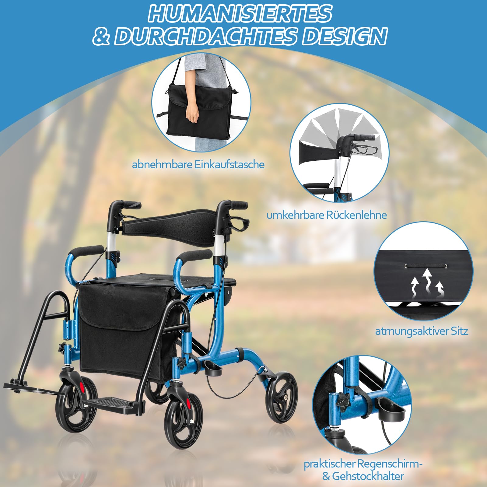 GOPLUS Składany rollator 2 w 1, pomoc w chodzeniu z regulacją wysokości, oparciem, siedziskiem i torbą, pomoc w chodzeniu, lekki chodzik z aluminium do 160 kg, składany wózek inwalidzki, rollator