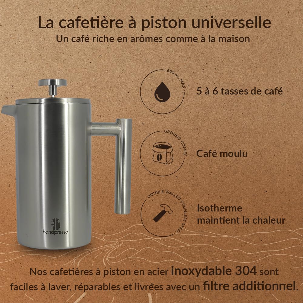 Handpresso French Press | Cafetière à Piston inox double paroi isolante | Cafetiere a Piston isotherme | Cafetiere portable pour la maison, cafetiere de voyage